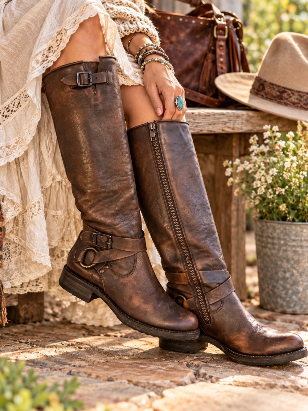 Frye Leather Tall Boots 7.5B Brown Moto Buckle Western EUC